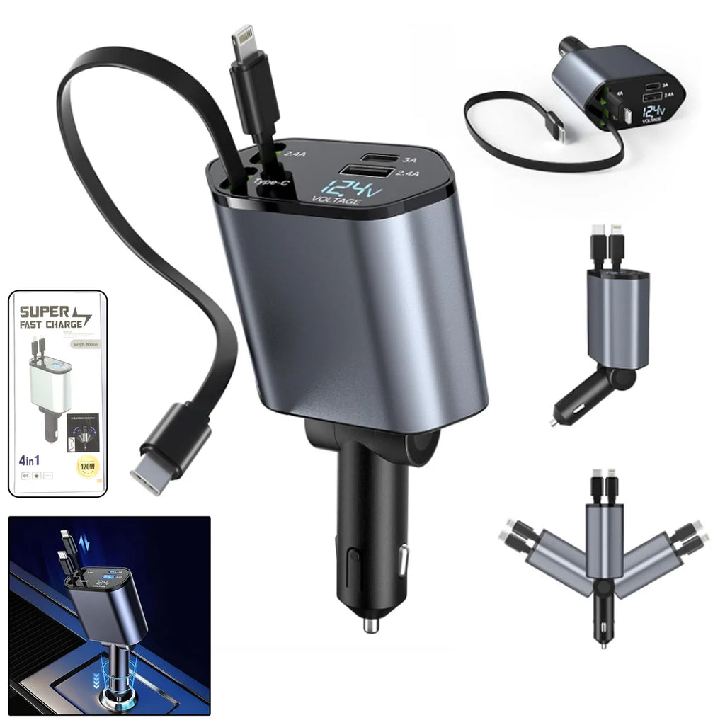4 in 1 Super Fast Car Charger With Dual Built-in Cables Dual USB Ports