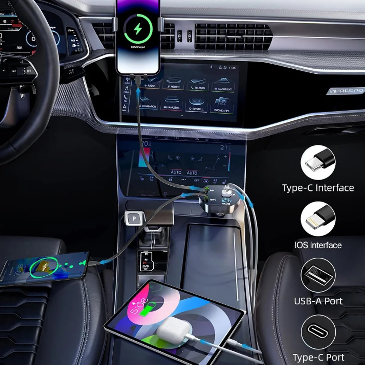 4 in 1 Super Fast Car Charger With Dual Built-in Cables Dual USB Ports