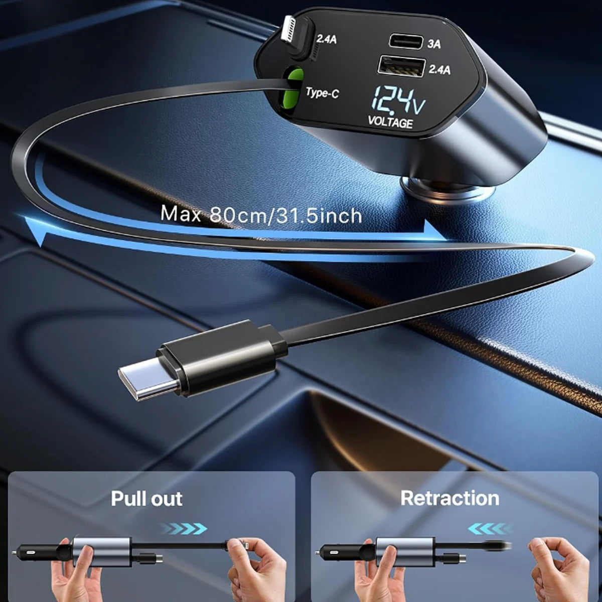 4 in 1 Super Fast Car Charger With Dual Built-in Cables Dual USB Ports