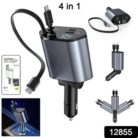 4 in 1 Super Fast Car Charger With Dual Built-in Cables Dual USB Ports